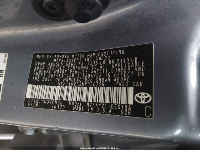 Aukcja sprzedaży 2021 Toyota Corolla Xse, vin: 5YFT4MCE9MP060726, numer aukcji: 44564486
