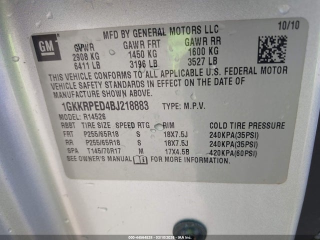 Aukcja sprzedaży 2011 Gmc Acadia Sle, vin: 1GKKRPED4BJ218883, numer aukcji: 44564528