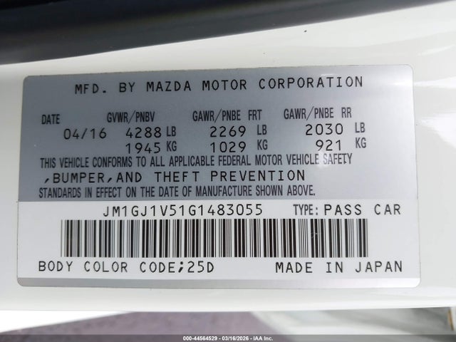 JM1GJ1V51G1483055 Mazda Mazda6 I Touring