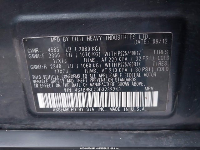 Продаж на аукціоні авто 2013 Subaru Outback 2.5i Premium, vin: 4S4BRBCC0D3232243, номер лоту: 44564541