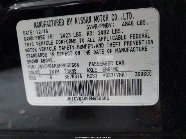 Aukcja sprzedaży 2015 Infiniti Q40, vin: JN1CV6AR6FM650664, numer aukcji: 44564548