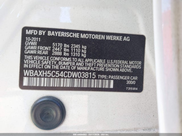 2012 Bmw 528i Xdrive მანქანა იყიდება აუქციონზე, vin: WBAXH5C54CDW03815, აუქციონის ნომერი: 44564563