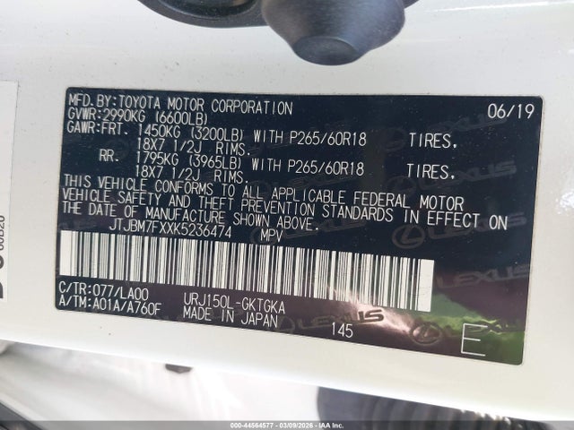 44564577 :رقم المزاد ، JTJBM7FXXK5236474 vin ، 2019 Lexus Gx 460 Premium مزاد بيع