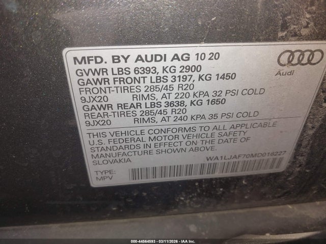 Aukcja sprzedaży 2021 Audi Q7 Premium Plus 45 Tfsi Quattro Tiptronic, vin: WA1LJAF70MD016227, numer aukcji: 44564593