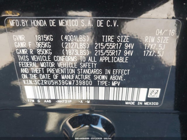 3CZRU5H39GM739800 Honda HR-V LX