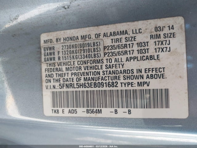 Honda Odyssey Ex-l 2014 5FNRL5H63EB091682 Image 9