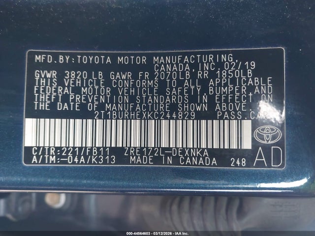 2T1BURHEXKC244829 Toyota COROLLA LE