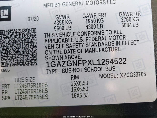 44564649 :رقم المزاد ، 1GAZGNFPXL1254522 vin ، 2020 Chevrolet Express Passenger Rwd 3500 Extended Wheelbase Ls مزاد بيع