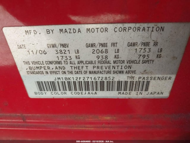 Aukcja sprzedaży 2007 Mazda Mazda3 I, vin: JM1BK12F271672852, numer aukcji: 44564668