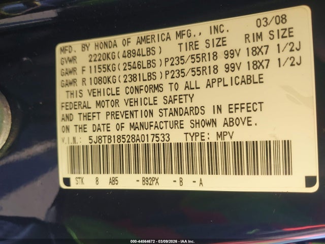 2008 ACURA RDX 5J8TB18528A017533 Photo 8