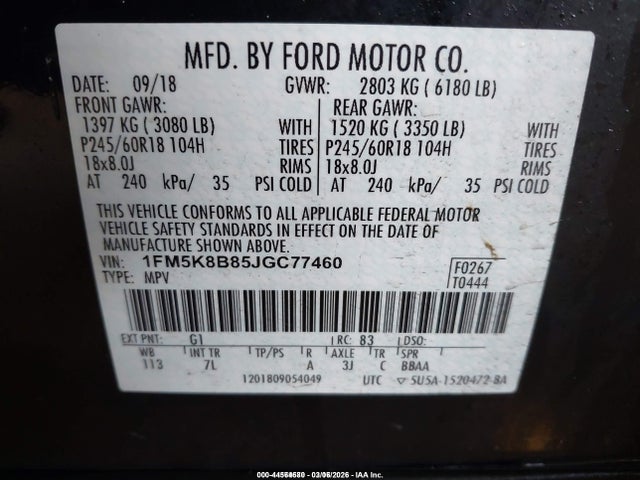 1FM5K8B85JGC77460 Ford Explorer