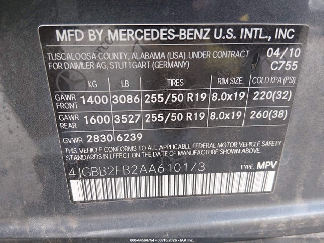 Aukcja sprzedaży 2010 Mercedes-benz Ml 350 Bluetec 4matic, vin: 4JGBB2FB2AA610173, numer aukcji: 44564754