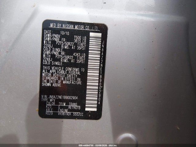 Aukcja sprzedaży 2011 Infiniti Qx56, vin: JN8AZ2NE1B9002904, numer aukcji: 44564755
