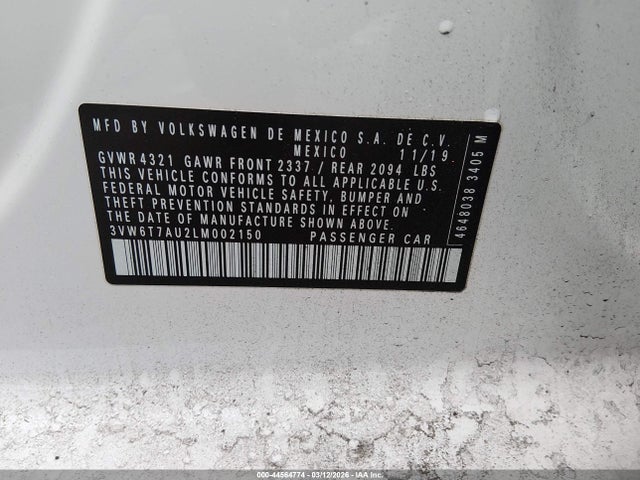 44564774 :رقم المزاد ، 3VW6T7AU2LM002150 vin ، 2020 Volkswagen Golf Gti 2.0t Se مزاد بيع