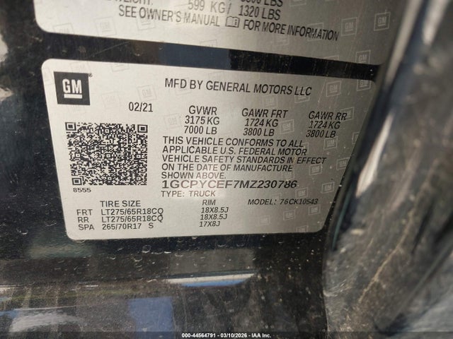 Aukcja sprzedaży 2021 Chevrolet Silverado 1500 4wd  Short Bed Custom Trail Boss, vin: 1GCPYCEF7MZ230786, numer aukcji: 44564791