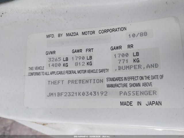 Продаж на аукціоні авто 1989 Mazda 323, vin: JM1BF2321K0343192, номер лоту: 44564814
