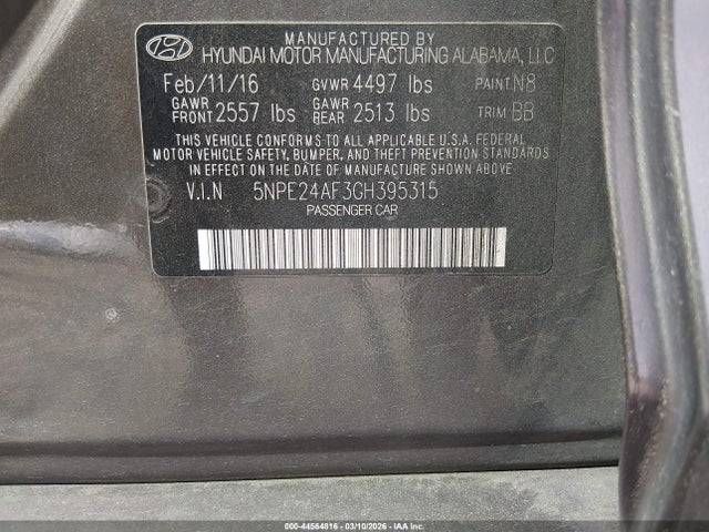 44564816 :رقم المزاد ، 5NPE24AF3GH395315 vin ، 2016 Hyundai Sonata مزاد بيع