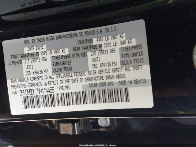 44564840 :رقم المزاد ، 3MVDMBDL7NM414465 vin ، 2022 Mazda Cx-30 Premium مزاد بيع