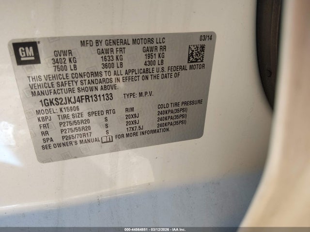 44564851 :رقم المزاد ، 1GKS2JKJ4FR131133 vin ، 2015 Gmc Yukon Xl 1500 Denali مزاد بيع