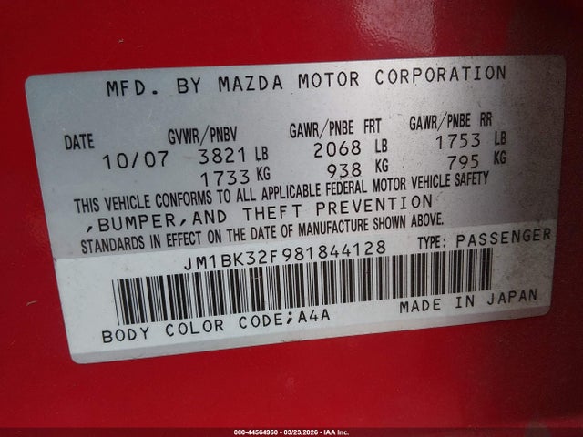 Aukcja sprzedaży 2008 Mazda Mazda3 I, vin: JM1BK32F981844128, numer aukcji: 44564960