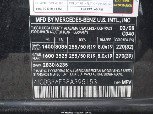 2008 Mercedes-benz Ml 350 4matic მანქანა იყიდება აუქციონზე, vin: 4JGBB86E58A395153, აუქციონის ნომერი: 44564962