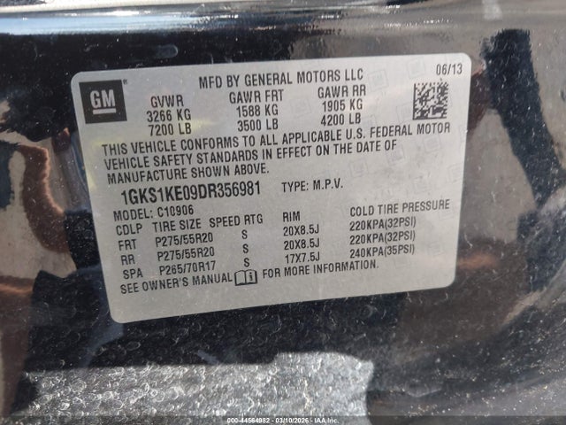 44564982 :رقم المزاد ، 1GKS1KE09DR356981 vin ، 2013 Gmc Yukon Xl 1500 Slt مزاد بيع