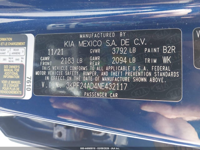 44565018 :رقم المزاد ، 3KPF24AD4NE432117 vin ، 2022 Kia Forte Lxs مزاد بيع