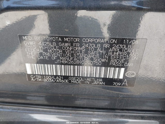 2009 Lexus Is 250 მანქანა იყიდება აუქციონზე, vin: JTHBK262892090750, აუქციონის ნომერი: 44565028