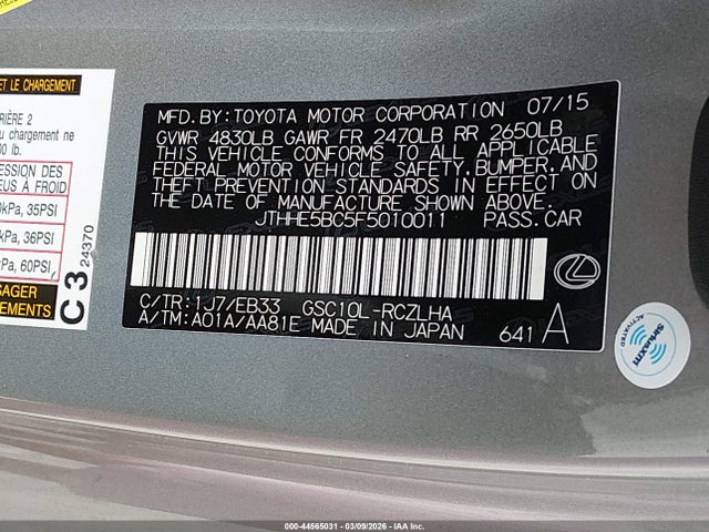 Aukcja sprzedaży 2015 Lexus Rc 350, vin: JTHHE5BC5F5010011, numer aukcji: 44565031