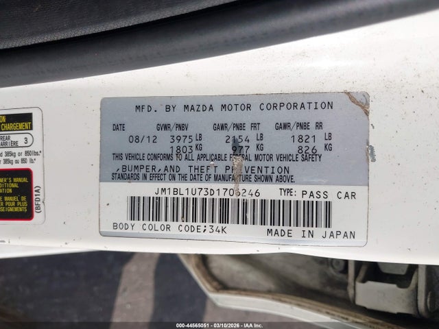 44565051 :رقم المزاد ، JM1BL1U73D1706246 vin ، 2013 Mazda Mazda3 I Sport مزاد بيع