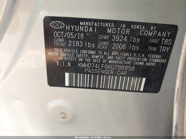 44565066 :رقم المزاد ، KMHD74LF6KU788858 vin ، 2019 Hyundai Elantra Se مزاد بيع