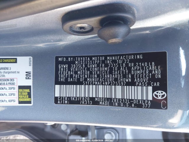 2022 TOYOTA COROLLA 5YFEPMAE4NP375597 Photo 8