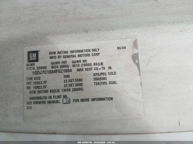 Aukcja sprzedaży 2004 Gmc C7500 C7c042, vin: 1GDJ7C1334F521934, numer aukcji: 44565108