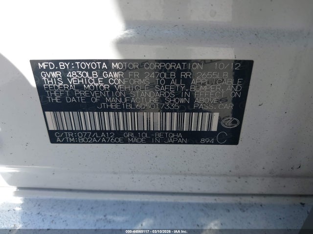 44565117 :رقم المزاد ، JTHBE1BL6D5017335 vin ، 2013 Lexus Gs 350 مزاد بيع