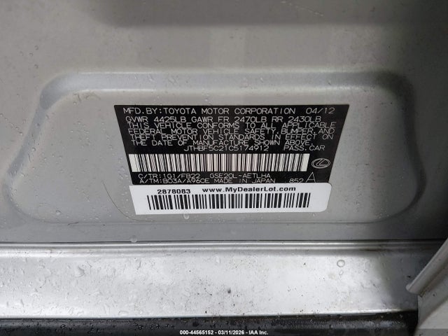 Продажа на аукционе авто 2012 Lexus Is 250, vin: JTHBF5C21C5174912, номер лота: 44565152