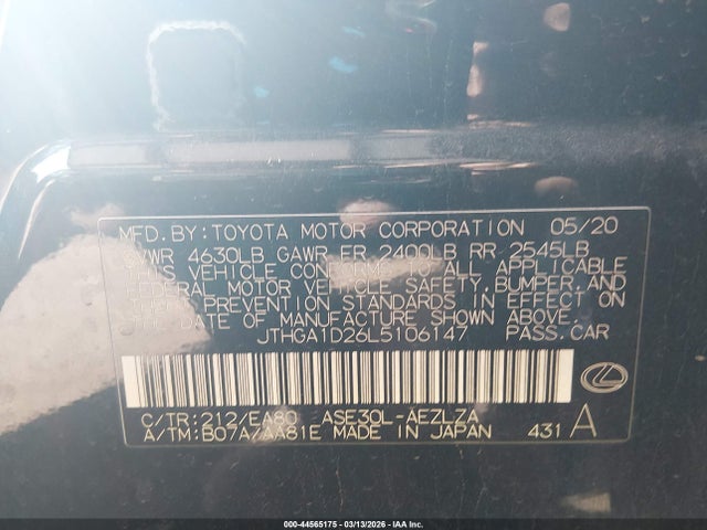 2020 Lexus Is 300 მანქანა იყიდება აუქციონზე, vin: JTHGA1D26L5106147, აუქციონის ნომერი: 44565175