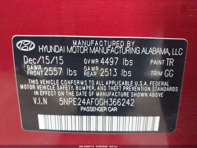 Aukcja sprzedaży 2016 Hyundai Sonata Se, vin: 5NPE24AF0GH366242, numer aukcji: 44565178