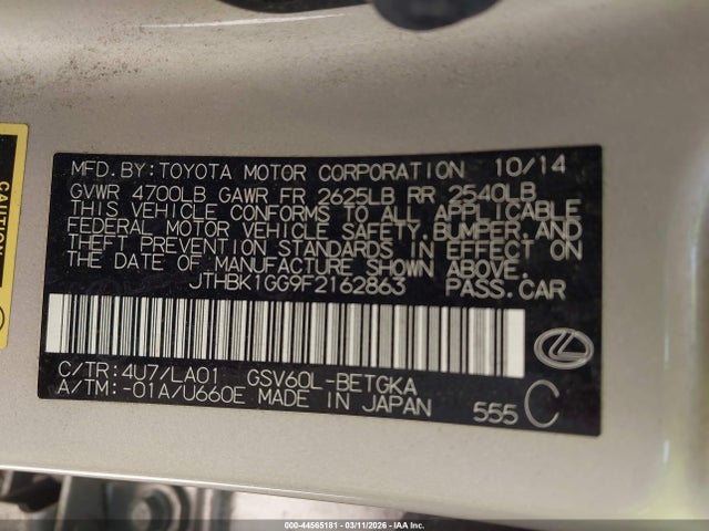 44565181 :رقم المزاد ، JTHBK1GG9F2162863 vin ، 2015 Lexus Es 350 مزاد بيع