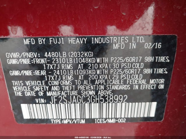 2016 Subaru Forester 2.5i Premium მანქანა იყიდება აუქციონზე, vin: JF2SJAGC3GH538992, აუქციონის ნომერი: 44565186