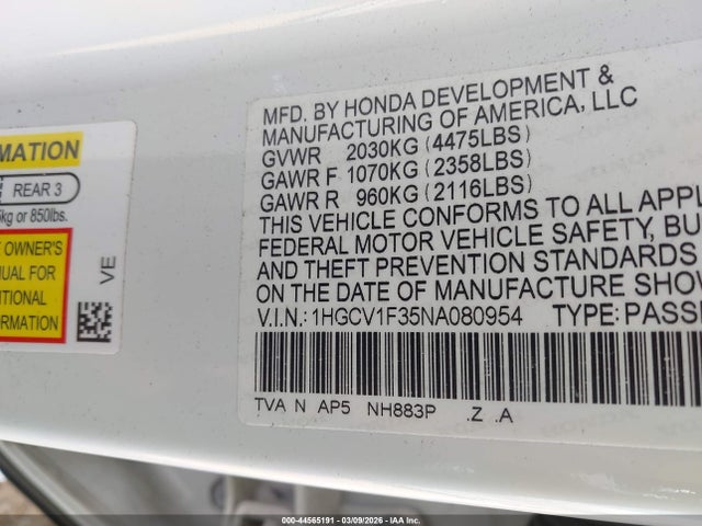 44565191 :رقم المزاد ، 1HGCV1F35NA080954 vin ، 2022 Honda Accord Sport مزاد بيع
