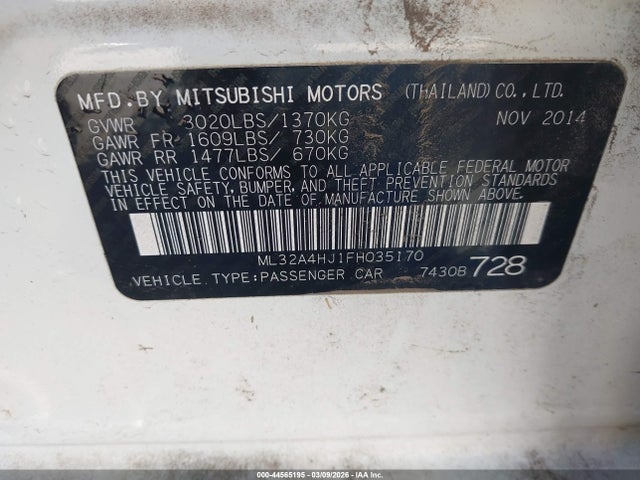 Aukcja sprzedaży 2015 Mitsubishi Mirage Es, vin: ML32A4HJ1FH035170, numer aukcji: 44565195