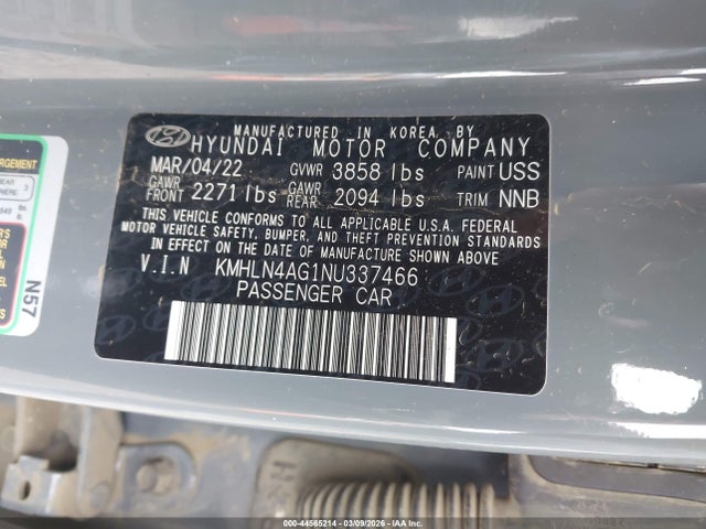 2022 Hyundai Elantra Sel მანქანა იყიდება აუქციონზე, vin: KMHLN4AG1NU337466, აუქციონის ნომერი: 44565214