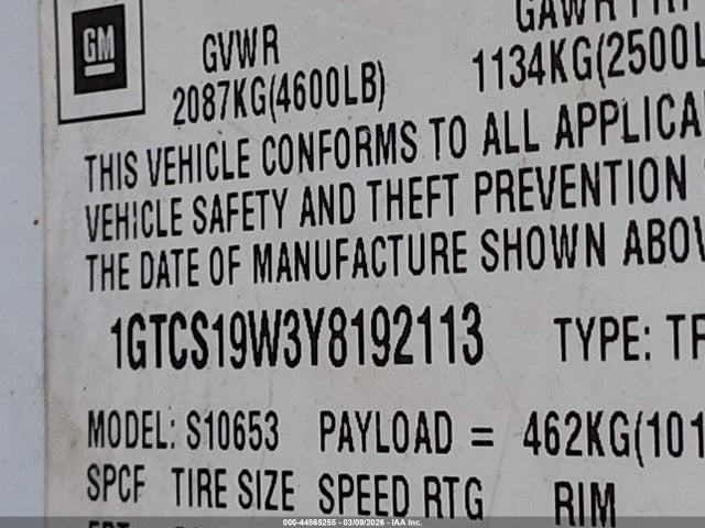 44565255 :رقم المزاد ، 1GTCS19W3Y8192113 vin ، 2000 Gmc Sonoma Sls مزاد بيع