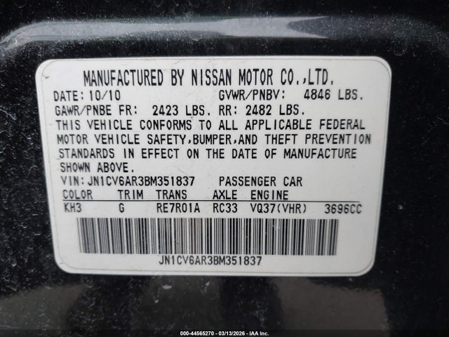 Aukcja sprzedaży 2011 Infiniti G37x, vin: JN1CV6AR3BM351837, numer aukcji: 44565270