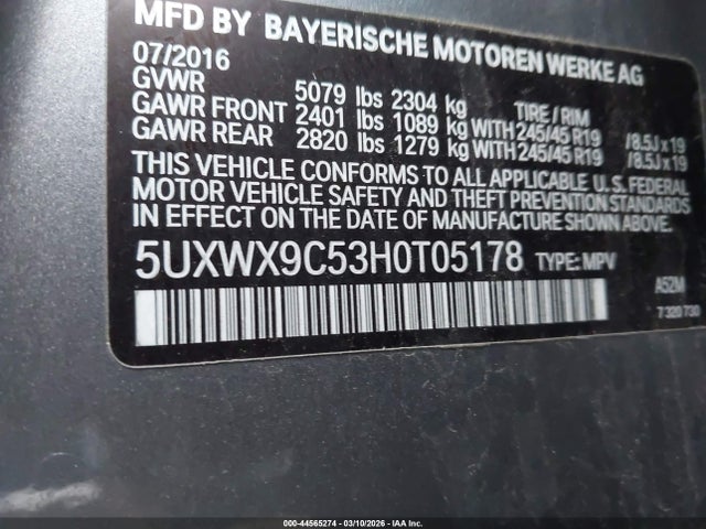 44565274 :رقم المزاد ، 5UXWX9C53H0T05178 vin ، 2017 Bmw X3 Xdrive28i مزاد بيع