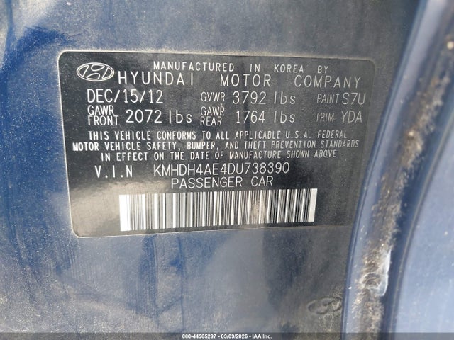 2013 Hyundai Elantra Gls მანქანა იყიდება აუქციონზე, vin: KMHDH4AE4DU738390, აუქციონის ნომერი: 44565297