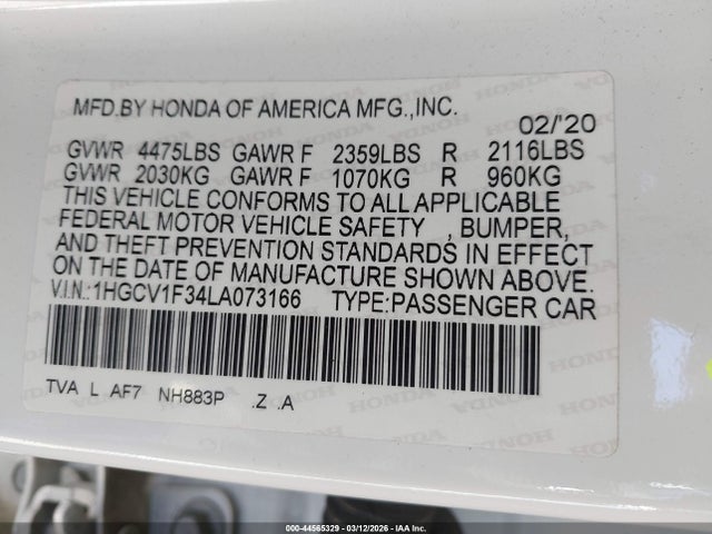 44565329 :رقم المزاد ، 1HGCV1F34LA073166 vin ، 2020 Honda Accord Sport مزاد بيع