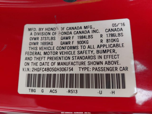 2HGFC4B05GH306754 Honda Civic Lx-p