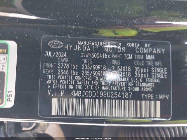 Aukcja sprzedaży 2025 Hyundai Tucson Hybrid Sel Convenience, vin: KM8JCDD19SU254187, numer aukcji: 44565345