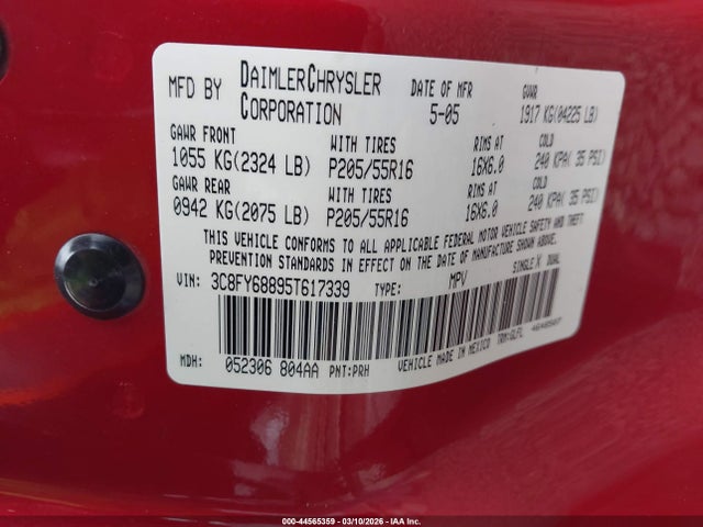 44565359 :رقم المزاد ، 3C8FY68895T617339 vin ، 2005 Chrysler Pt Cruiser Limited مزاد بيع